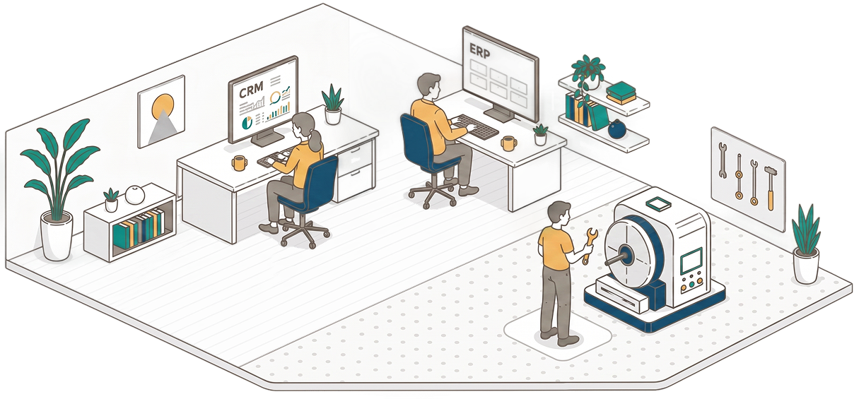 Schematische Darstellung von Mitarbeitenden mit IT-Systemen und Maschine